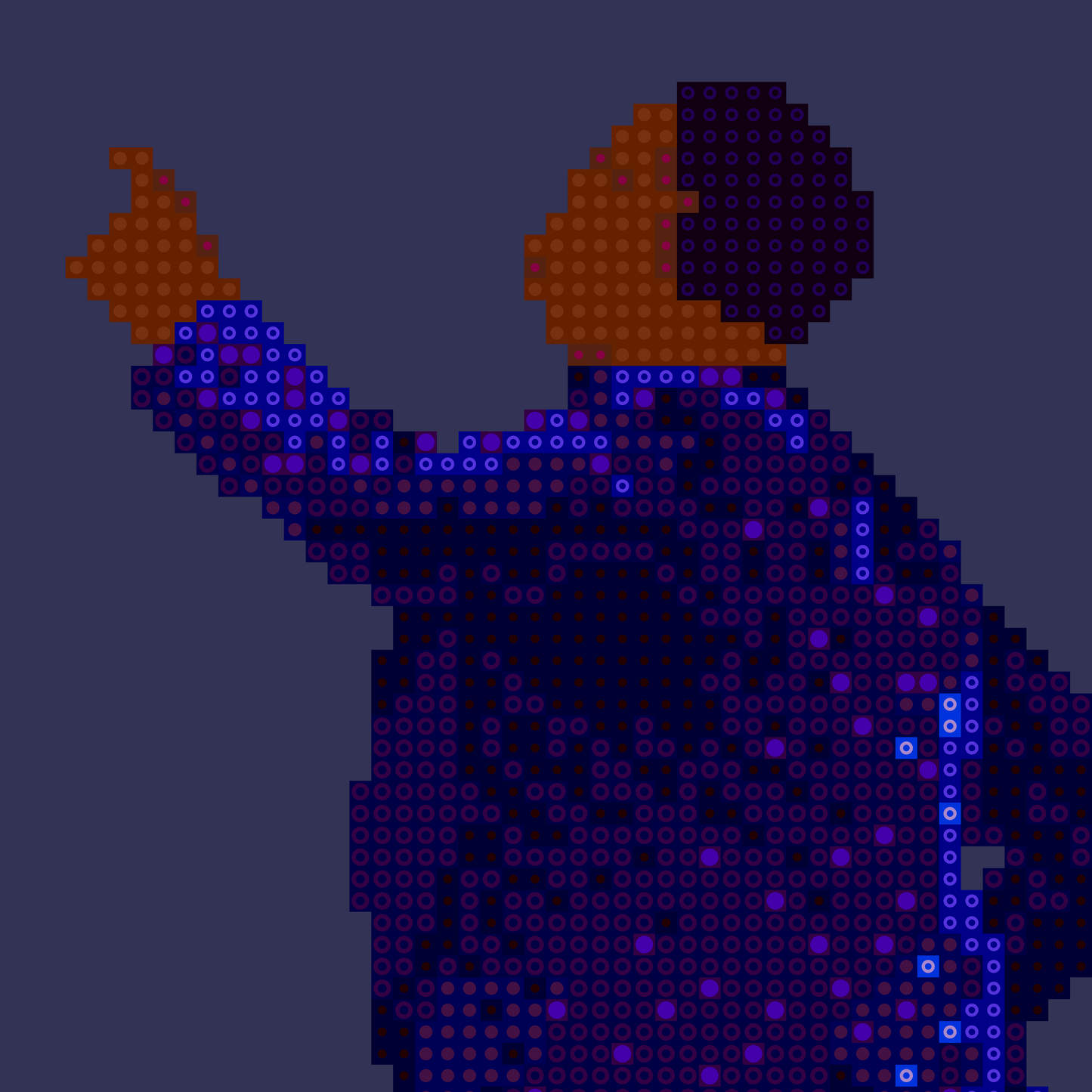 Close-up of a pixel art poster of a dancing couple, one in blue and the other in yellow, on a dark background, modern retro style.