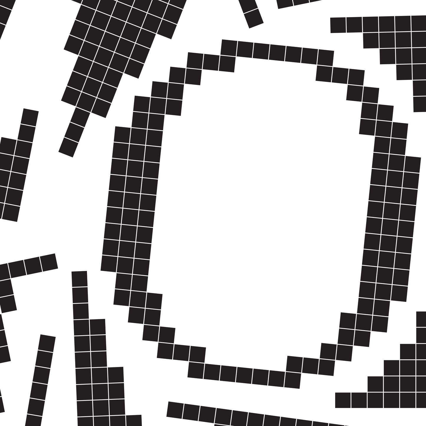Close-up of a black pixel grid typography poster spelling LOVE on a white background, bold and modern design.