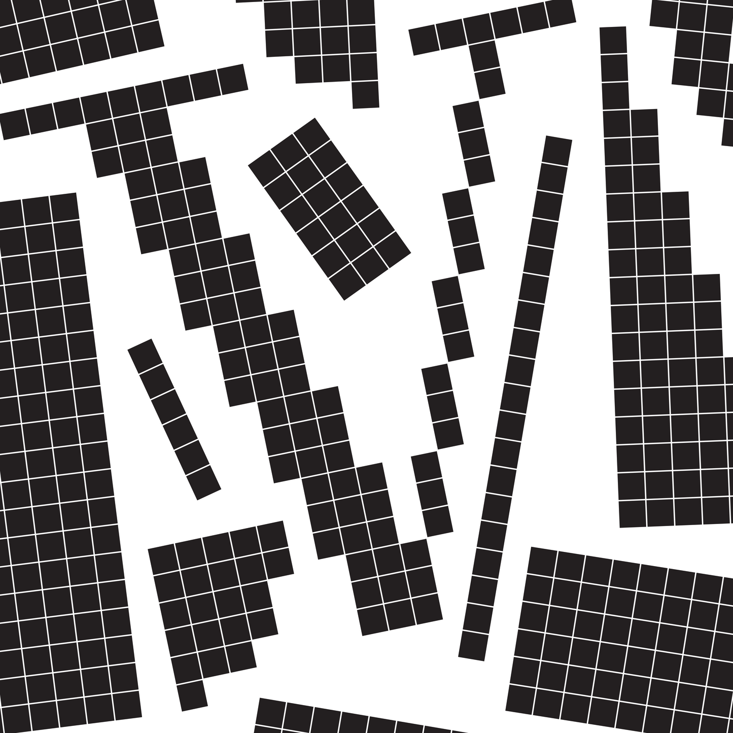 Close-up of a black pixel grid typography poster spelling LOVE on a white background, bold and modern design.