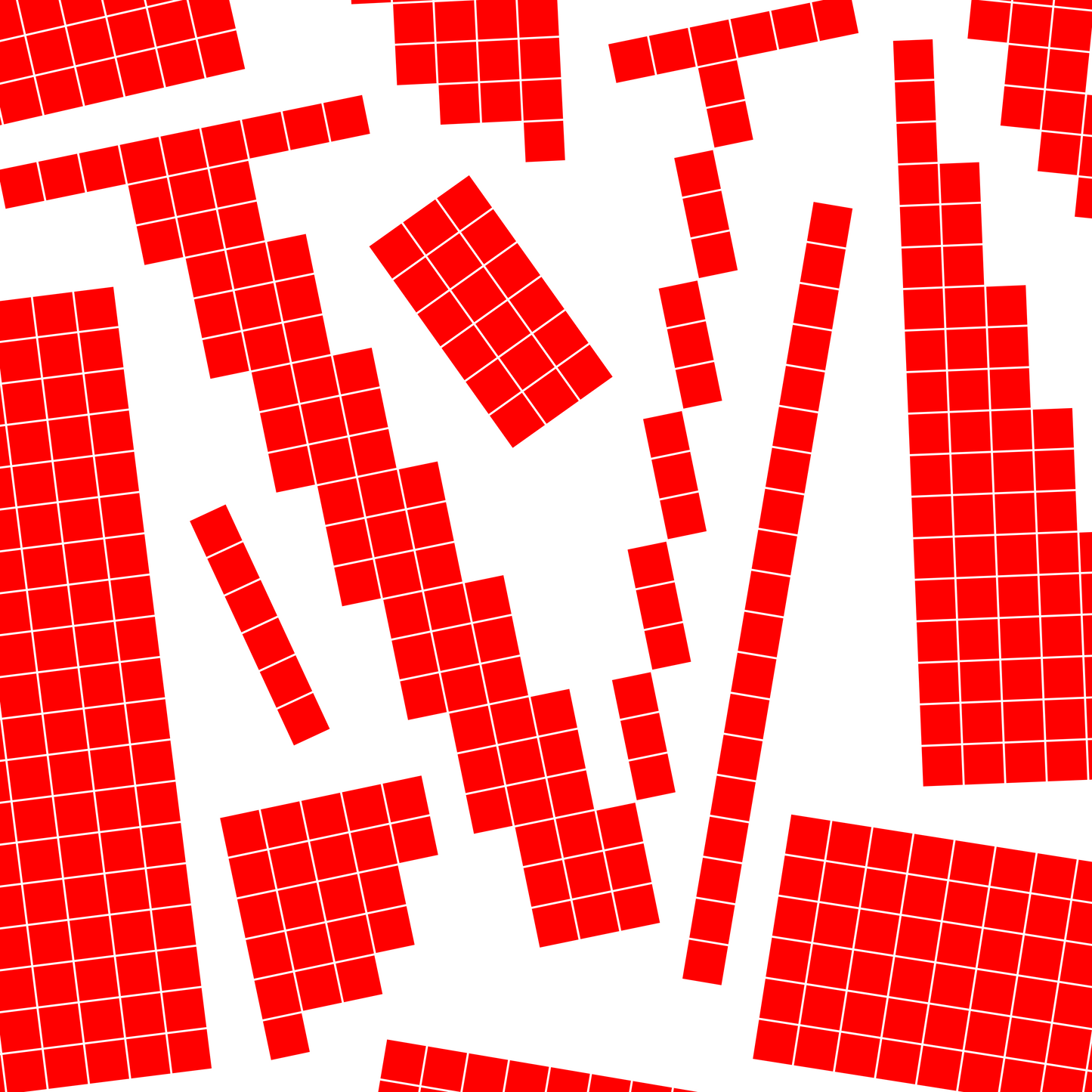 Close-up of a red pixel grid typography poster spelling LOVE on a white background, graphic and modern art design.