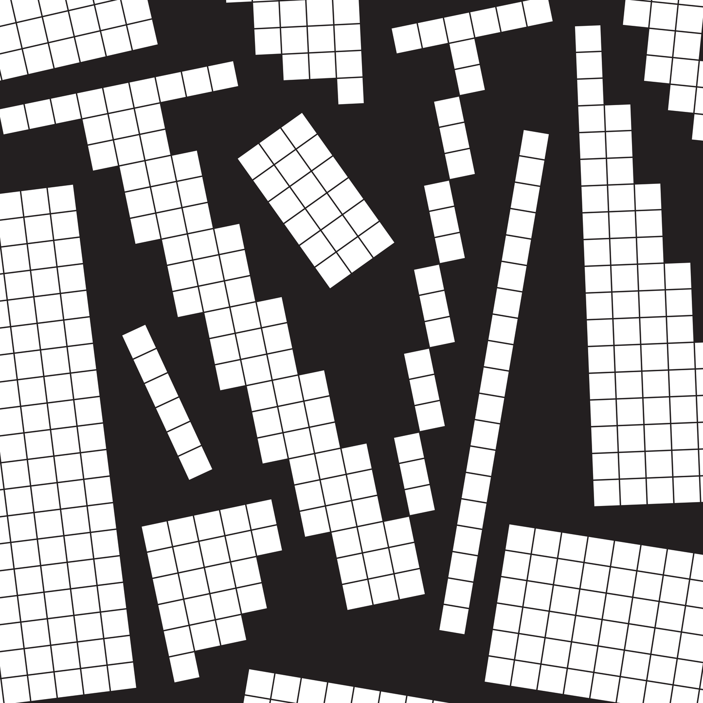 Close-up of a white pixel grid typography poster spelling LOVE on a black background, modern geometric design.