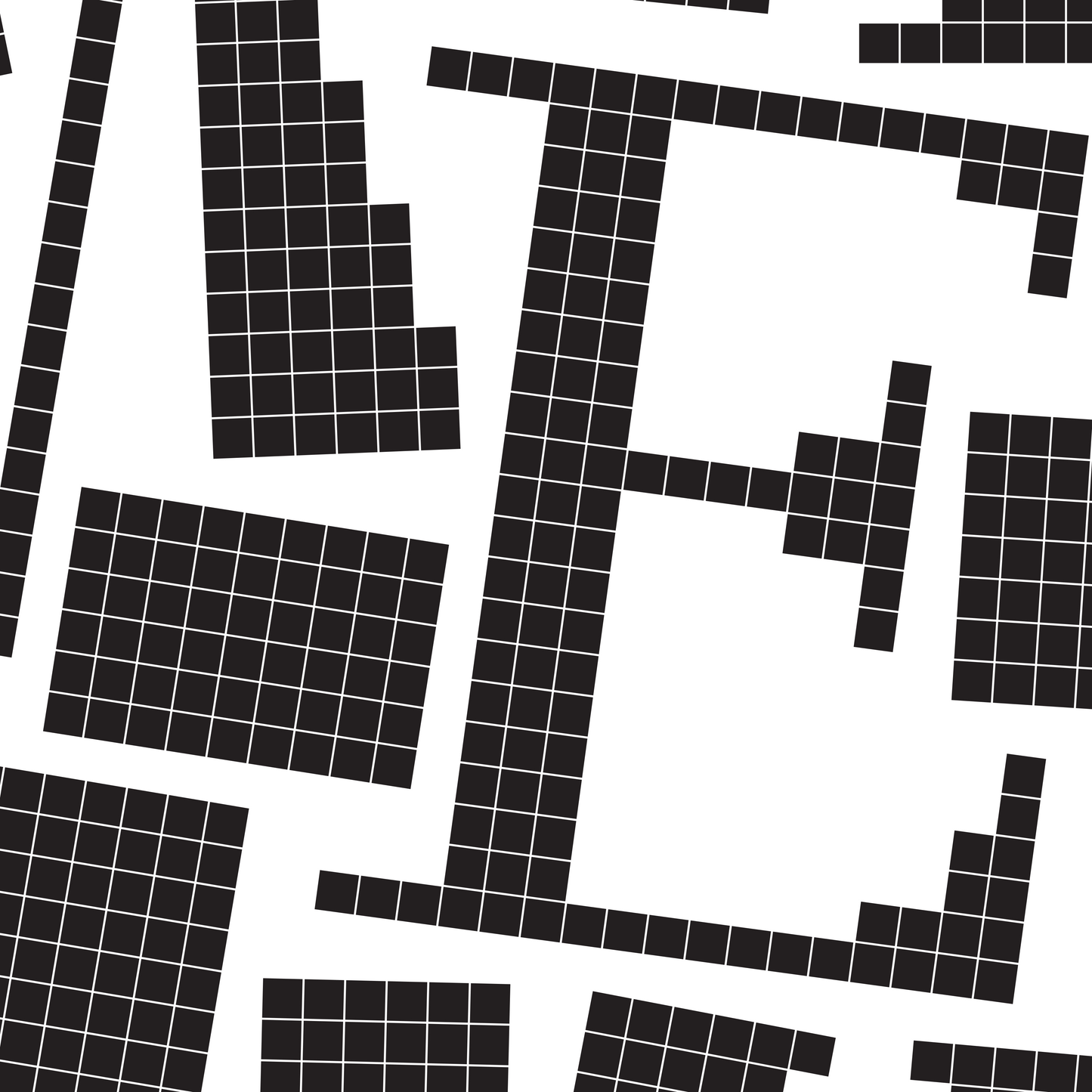 Close-up of a black pixel grid typography poster spelling LOVE on a white background, bold and modern design.