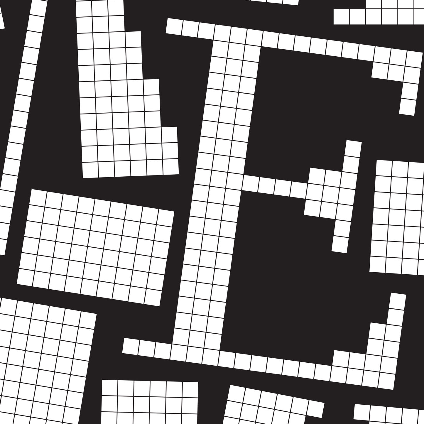 Close-up of a white pixel grid typography poster spelling LOVE on a black background, modern geometric design.