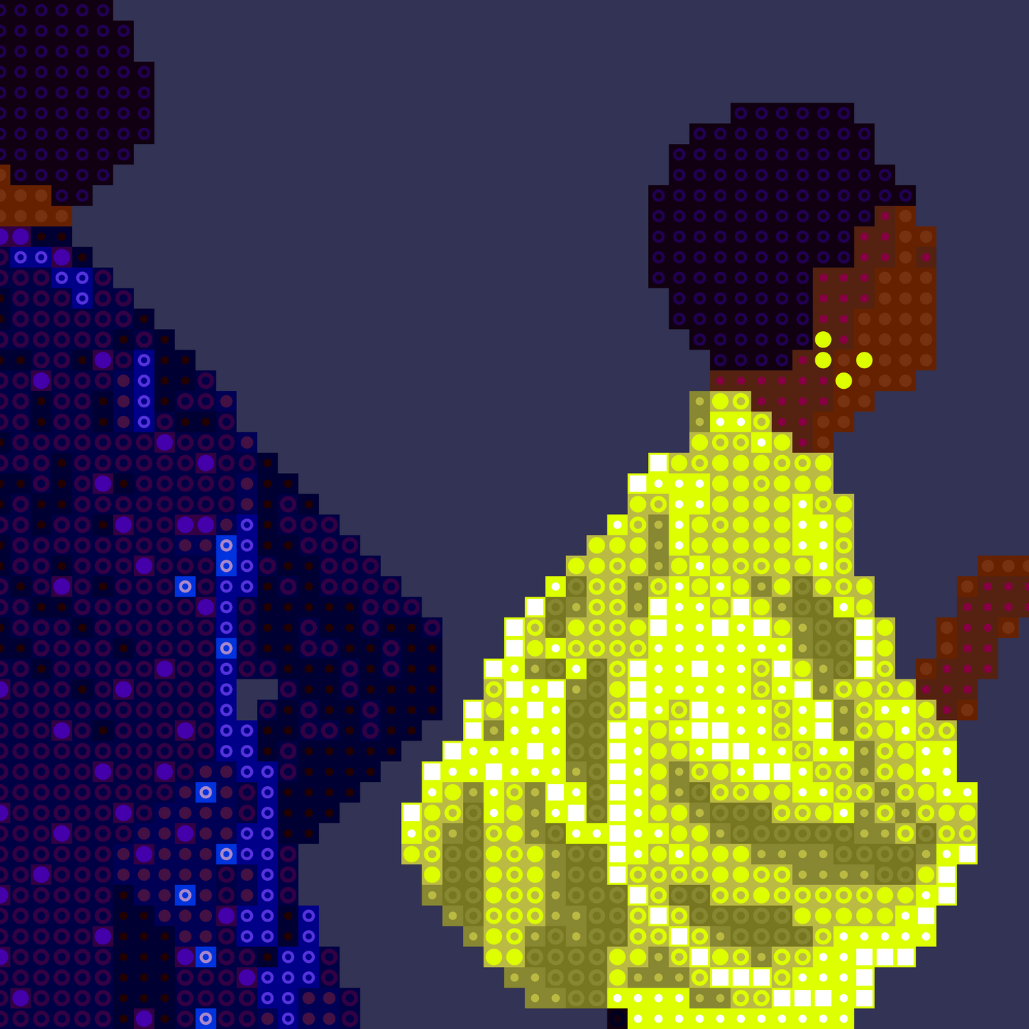 Close-up of a pixel art poster of a dancing couple, one in blue and the other in yellow, on a dark background, modern retro style.