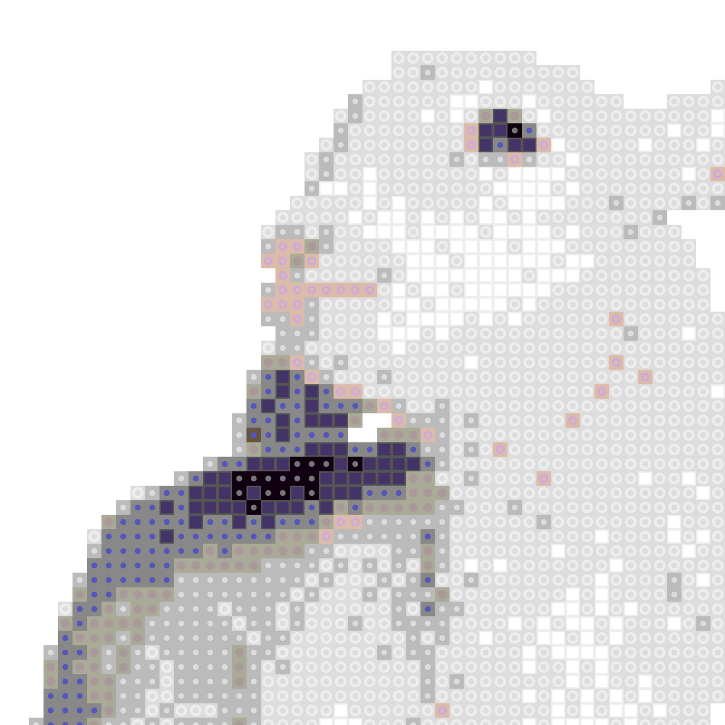 Close-up pixel art detail of a lamb’s eye, showing grid pattern and pastel colors on white background.