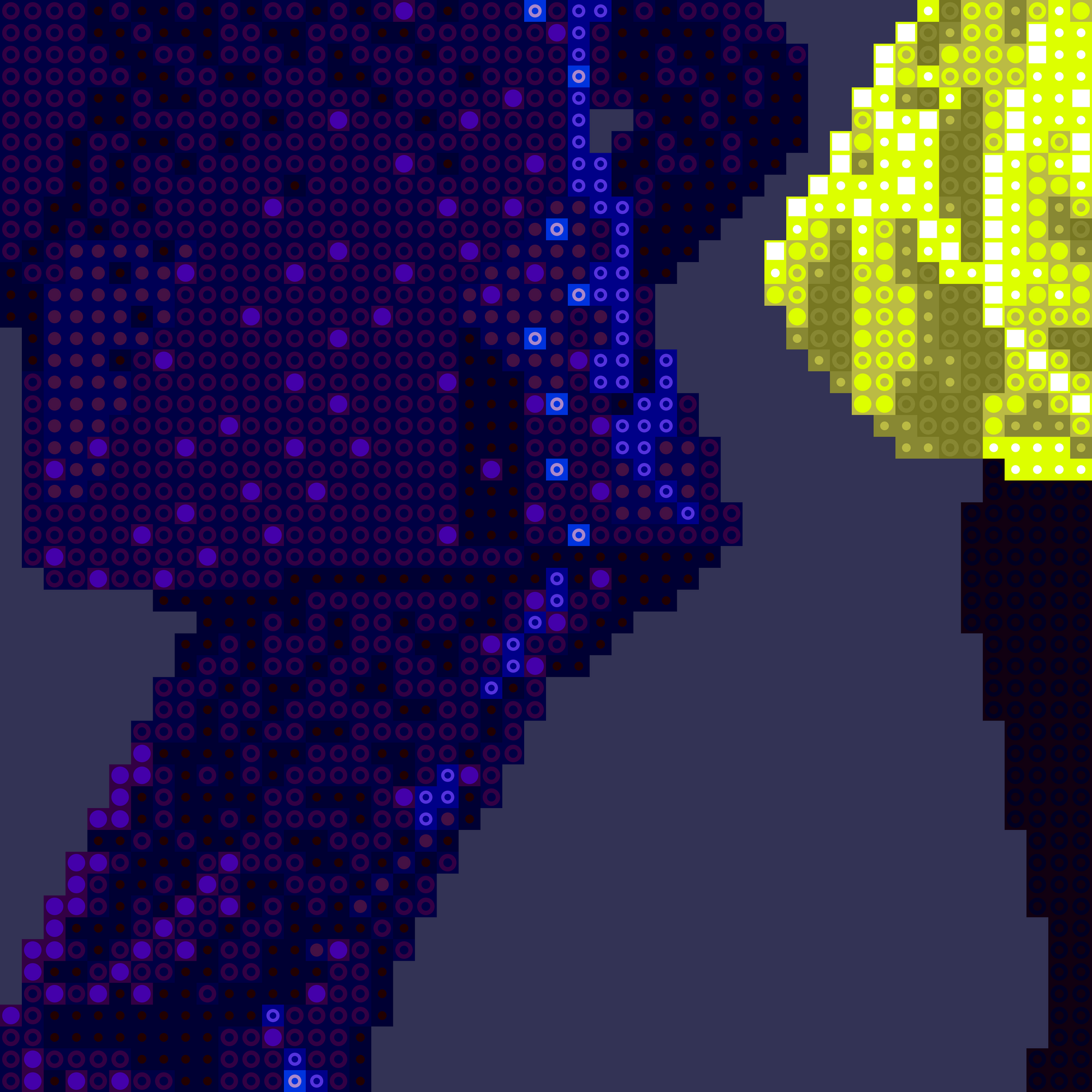 Close-up of a pixel art poster of a dancing couple, one in blue and the other in yellow, on a dark background, modern retro style.
