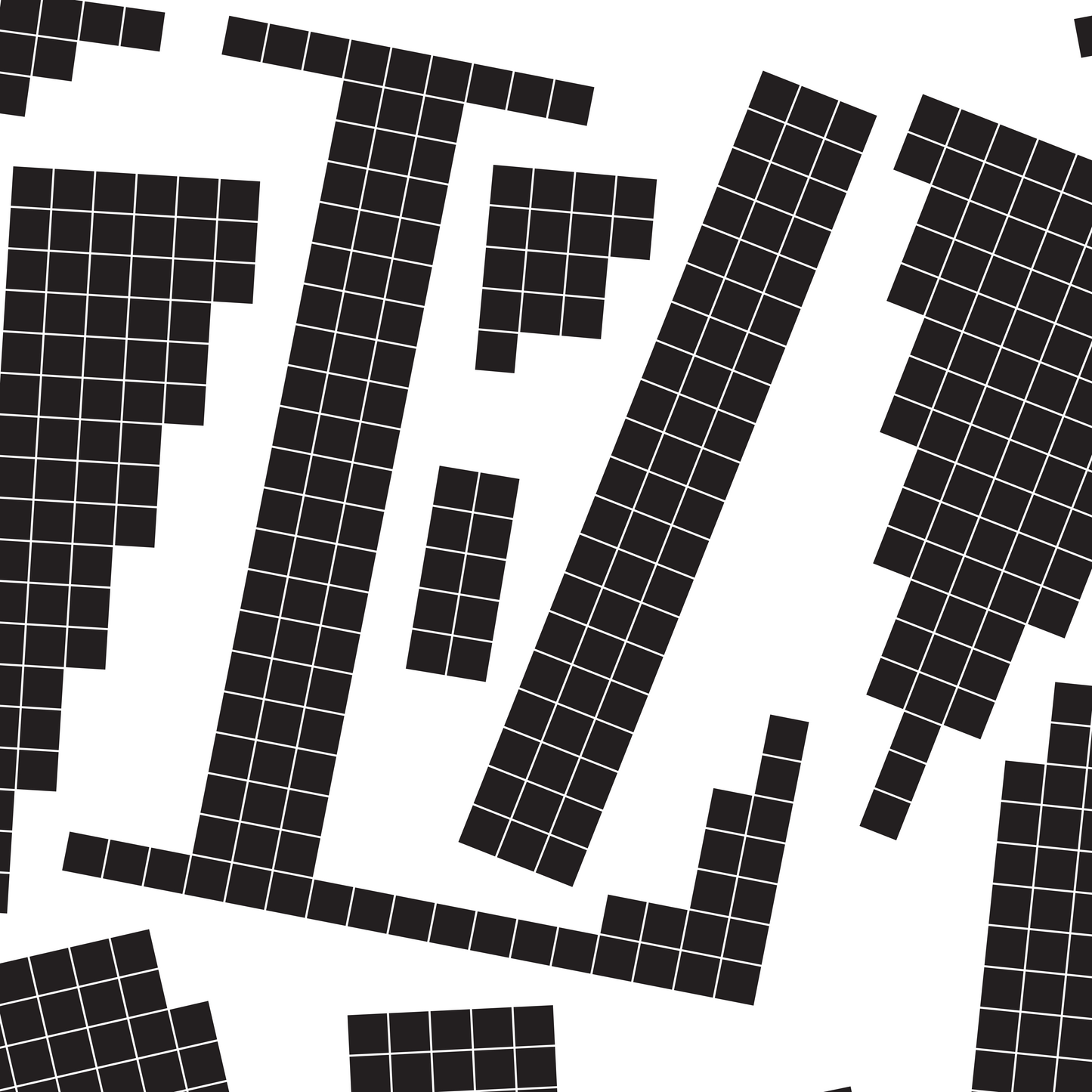 Close-up of a black pixel grid typography poster spelling LOVE on a white background, bold and modern design.