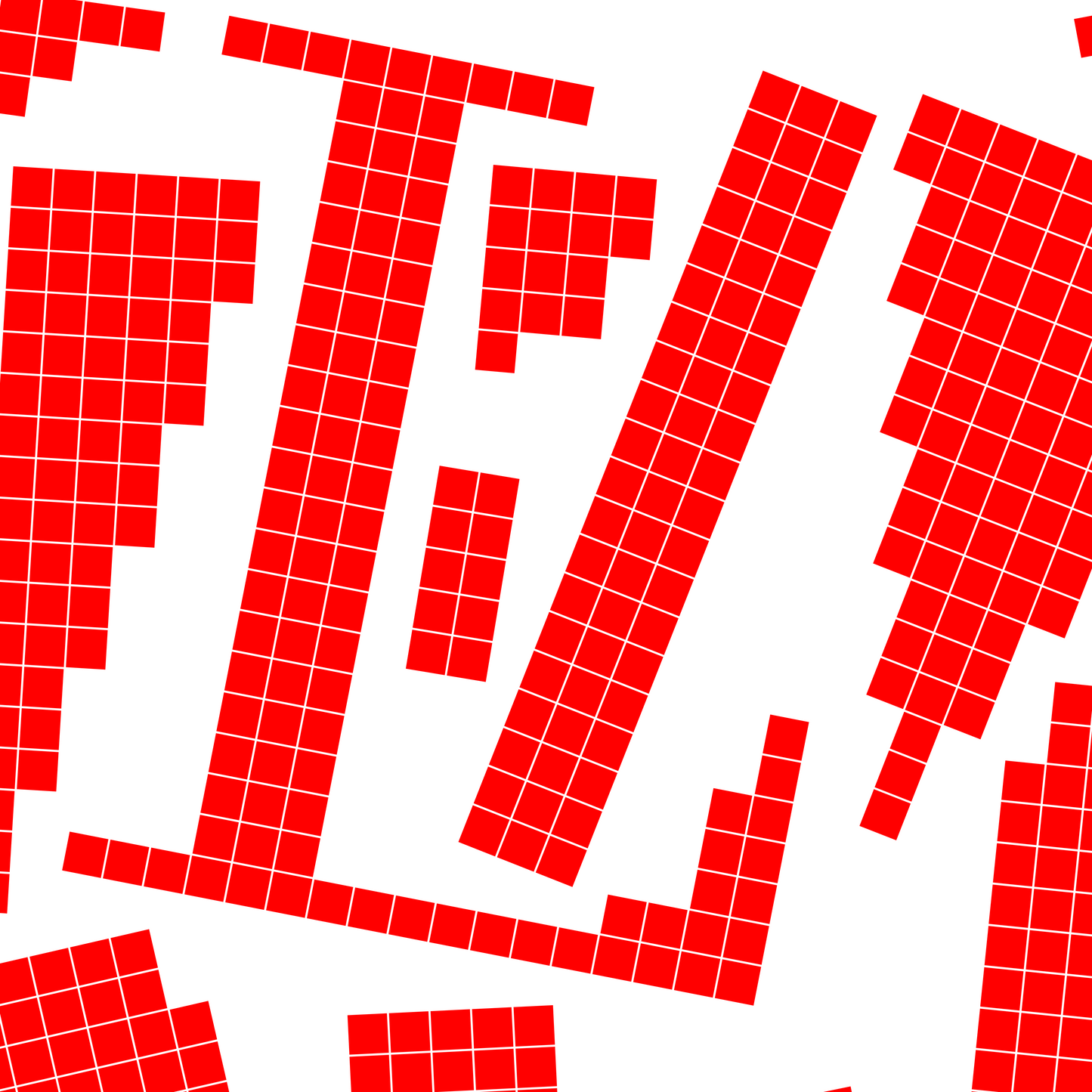 Close-up of a red pixel grid typography poster spelling LOVE on a white background, graphic and modern art design.
