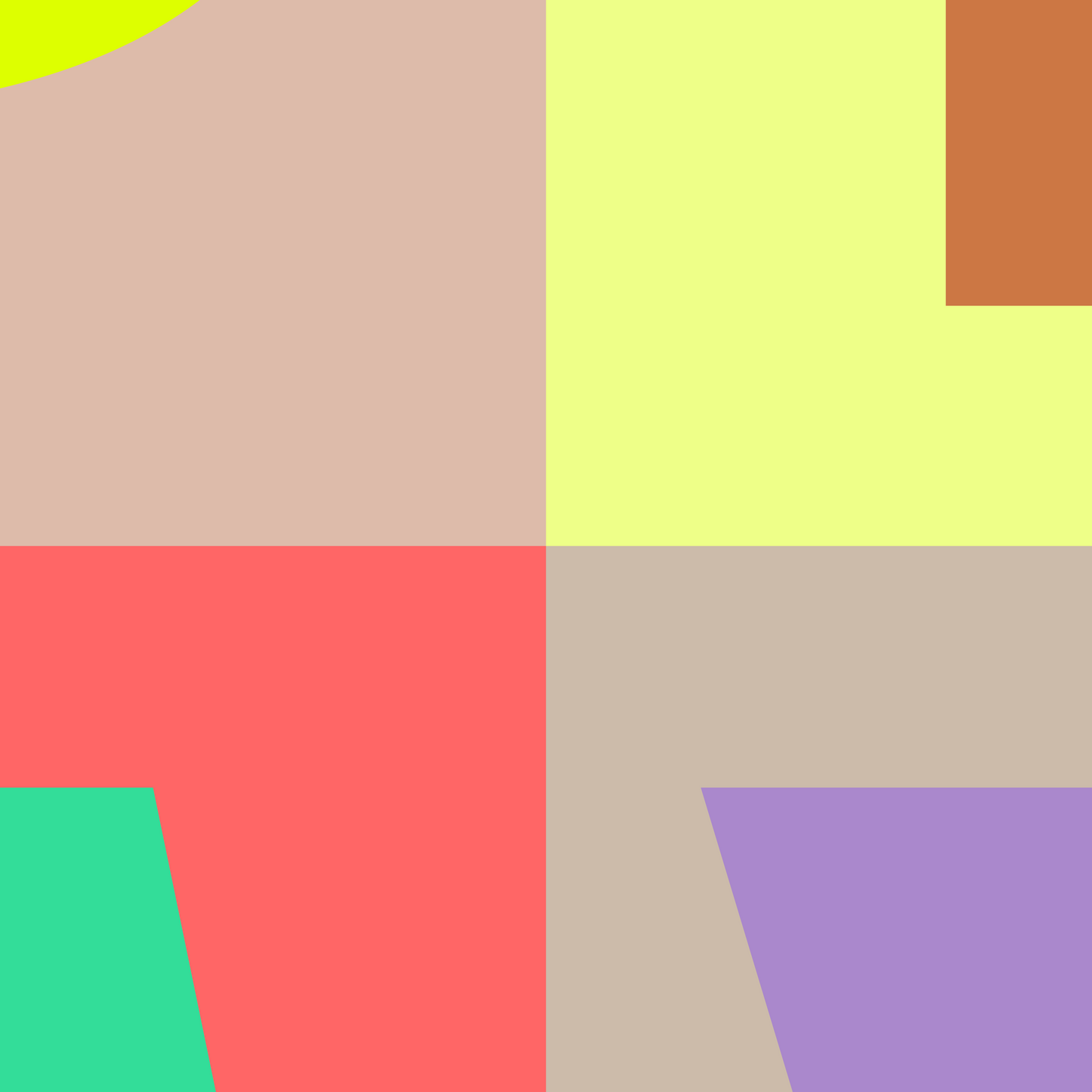 Close-up of a modern PLAY typography poster with large bold letters in lime, tan, coral, and violet geometric color blocks arranged in a grid.