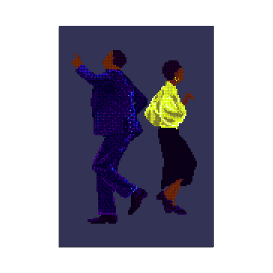 Pixel art poster of a dancing couple, one in blue and the other in yellow, on a dark background, modern retro style.