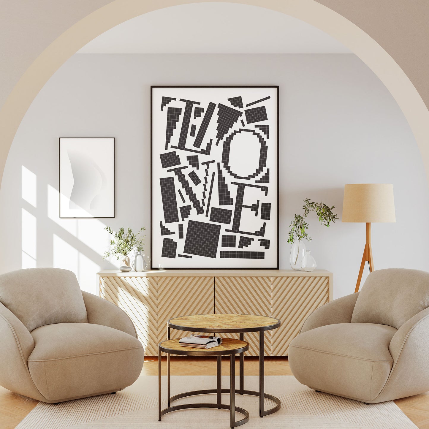 Modern living room with a black-framed pixel art poster spelling LOVE in bold black pixel grid typography on a white background, styled on a sideboard.