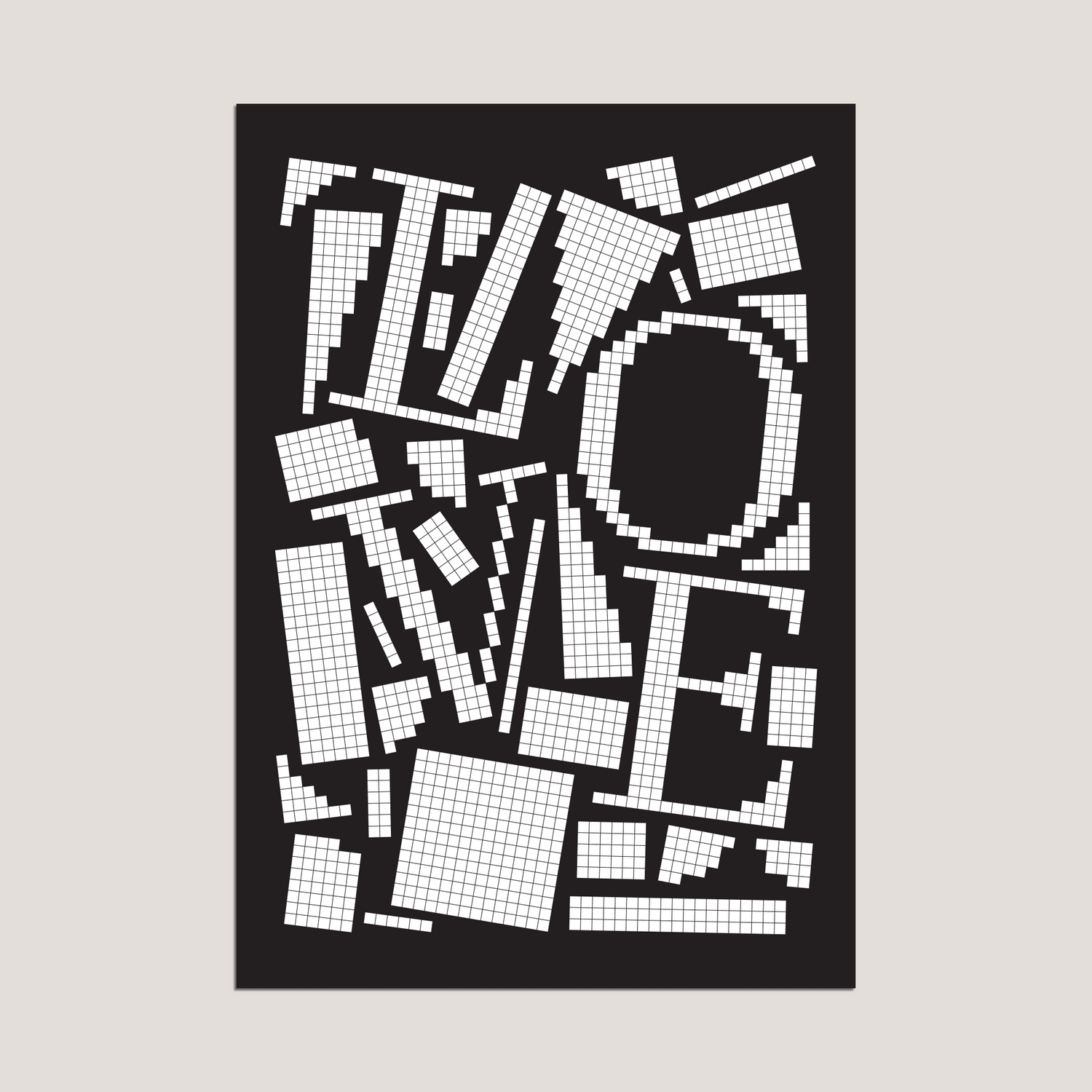 White pixel grid typography poster spelling LOVE on a black background, modern geometric design.