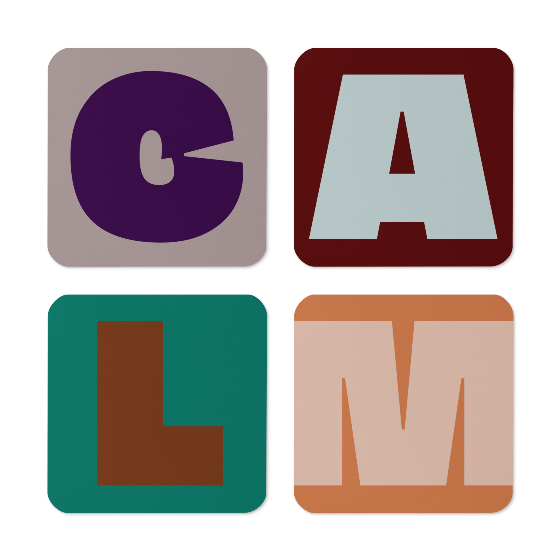 Fat font CALM coaster bundle of four side by side.