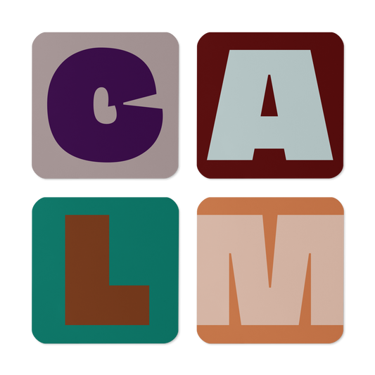 Fat font CALM coaster bundle of four side by side.
