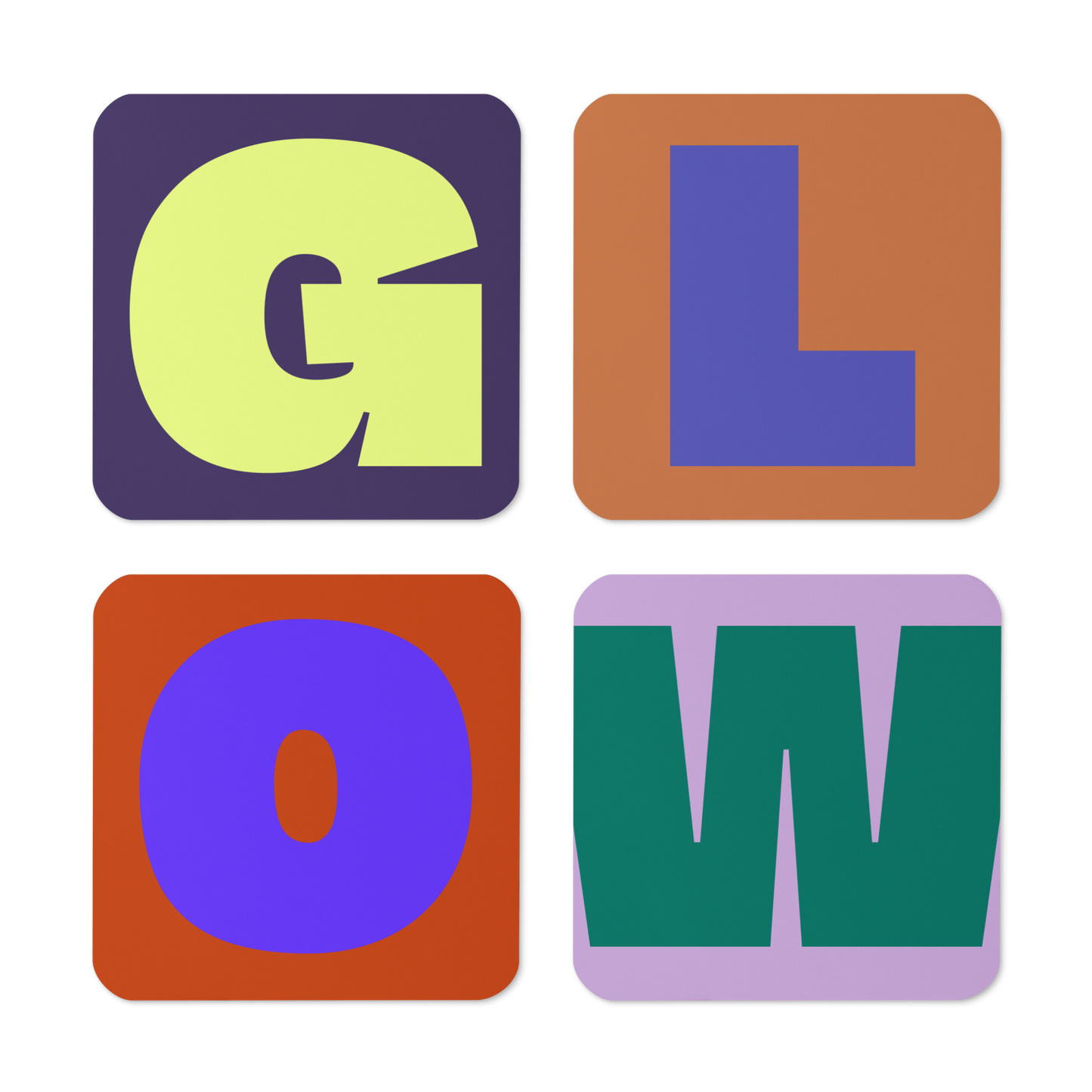 Fat font GLOW coaster bundle of four side by side.
