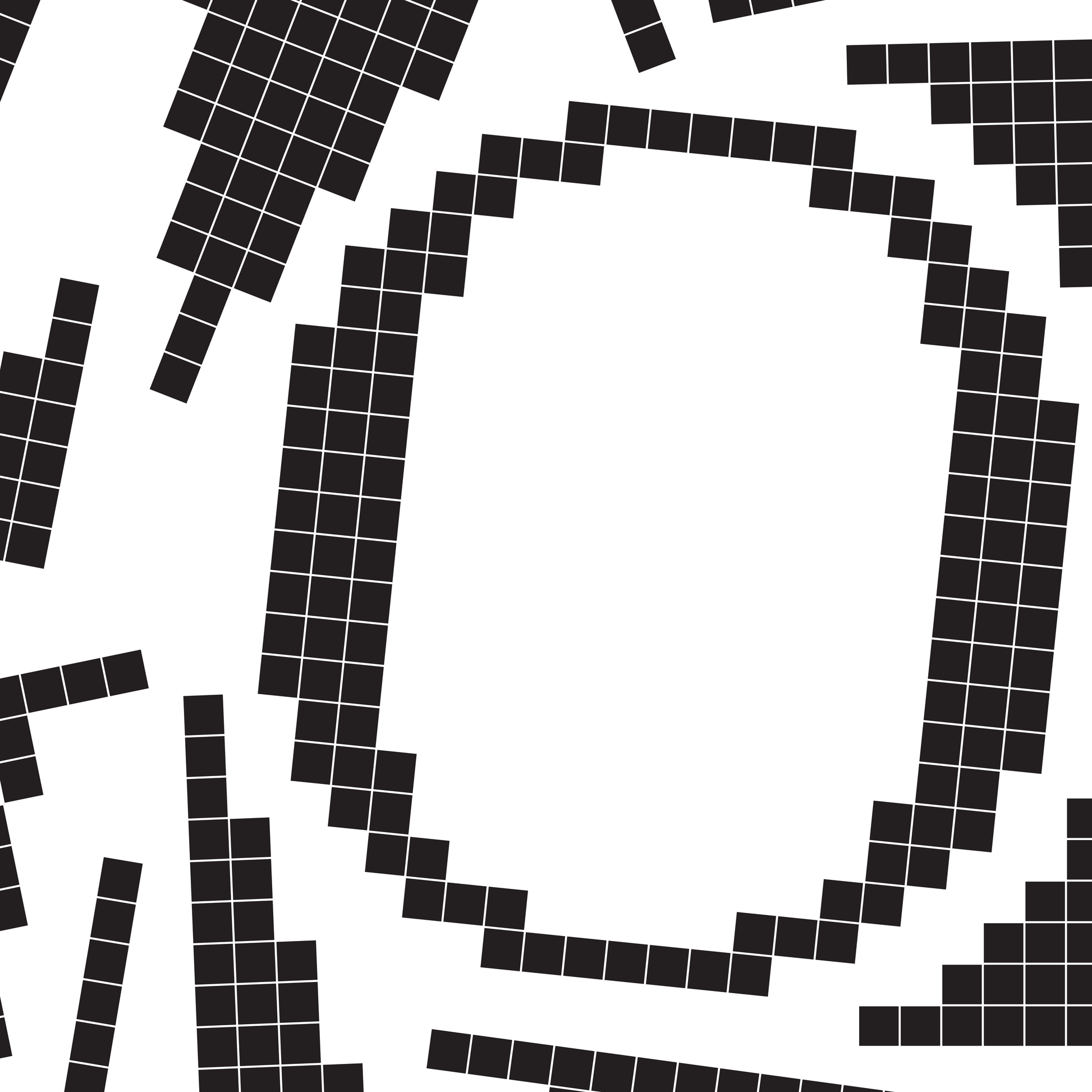 Close-up of a black pixel grid typography poster spelling LOVE on a white background, bold and modern design.