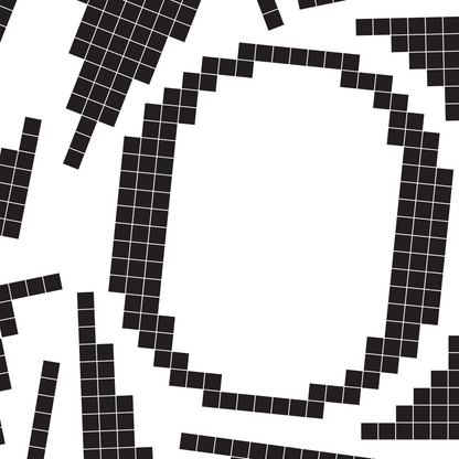 Close-up of a black pixel grid typography poster spelling LOVE on a white background, bold and modern design.