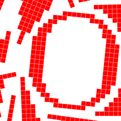 Close-up of a red pixel grid typography poster spelling LOVE on a white background, graphic and modern art design.