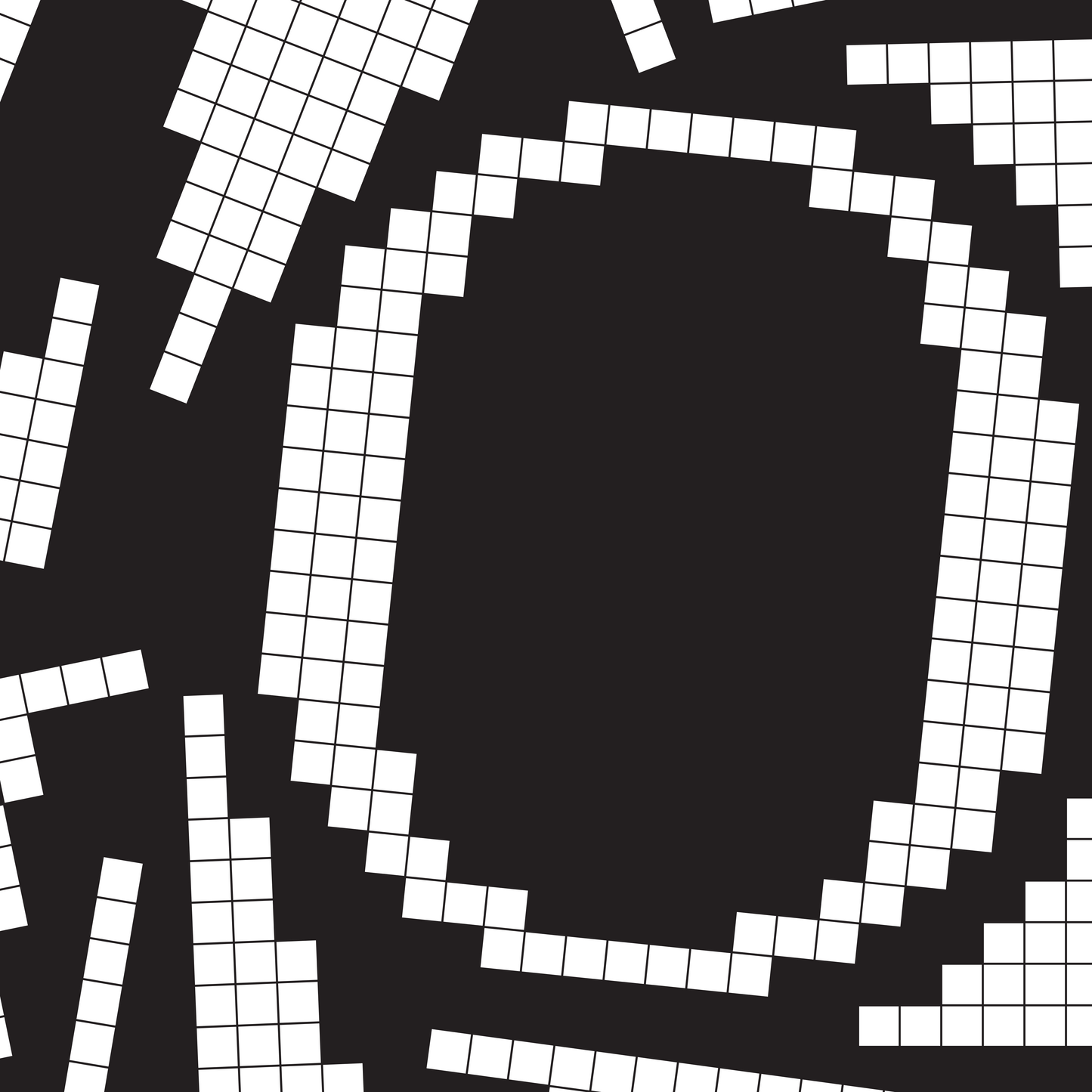 Close-up of a white pixel grid typography poster spelling LOVE on a black background, modern geometric design.
