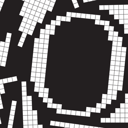 Close-up of a white pixel grid typography poster spelling LOVE on a black background, modern geometric design.
