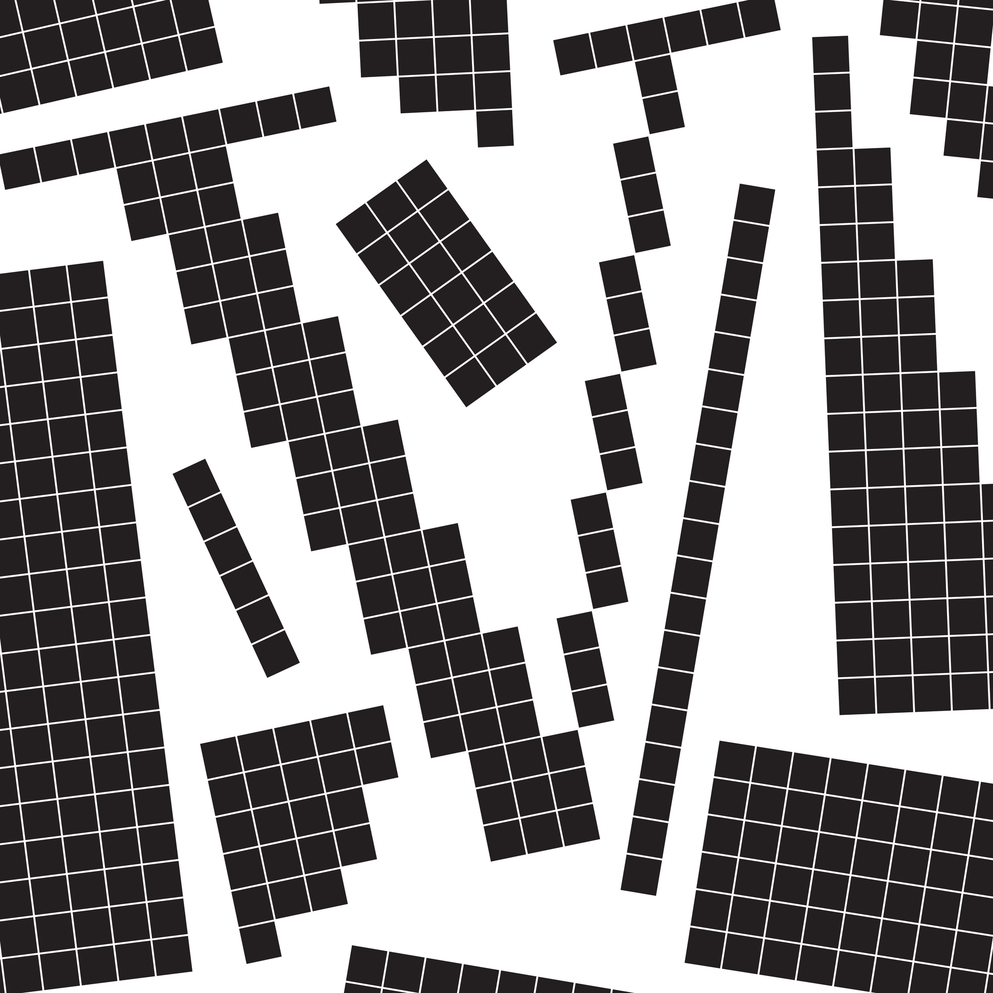 Close-up of a black pixel grid typography poster spelling LOVE on a white background, bold and modern design.