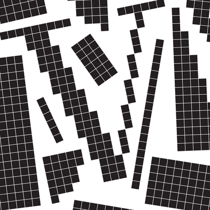 Close-up of a black pixel grid typography poster spelling LOVE on a white background, bold and modern design.