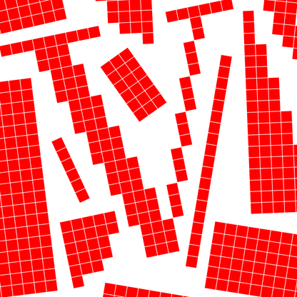 Close-up of a red pixel grid typography poster spelling LOVE on a white background, graphic and modern art design.
