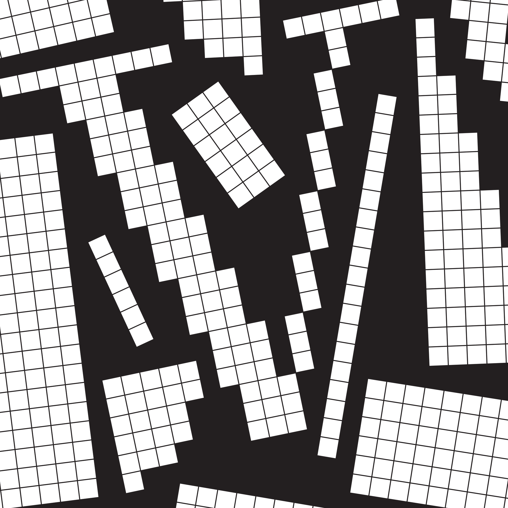 Close-up of a white pixel grid typography poster spelling LOVE on a black background, modern geometric design.