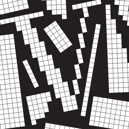 Close-up of a white pixel grid typography poster spelling LOVE on a black background, modern geometric design.