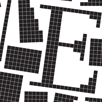 Close-up of a black pixel grid typography poster spelling LOVE on a white background, bold and modern design.