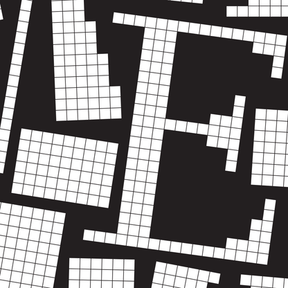 Close-up of a white pixel grid typography poster spelling LOVE on a black background, modern geometric design.