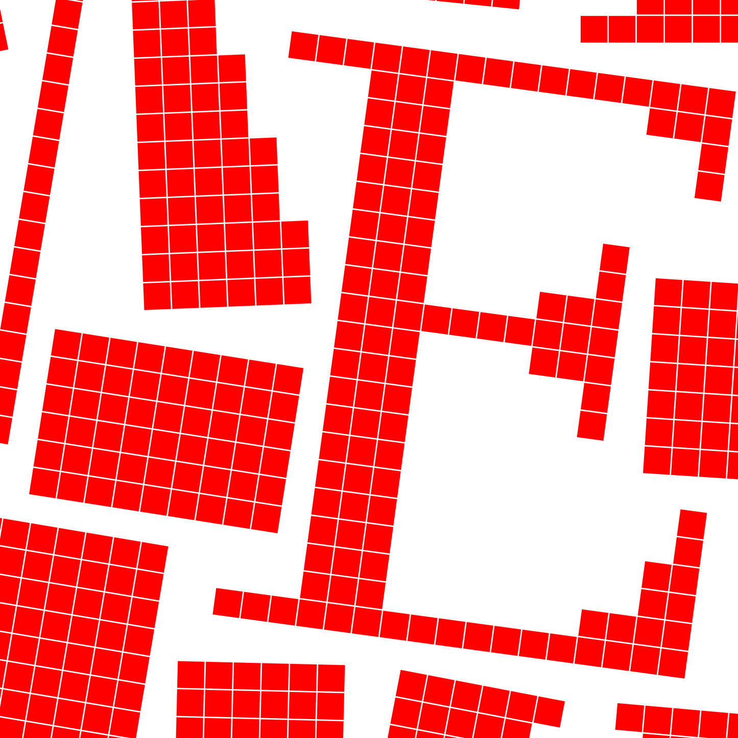 Close-up of a red pixel grid typography poster spelling LOVE on a white background, graphic and modern art design.