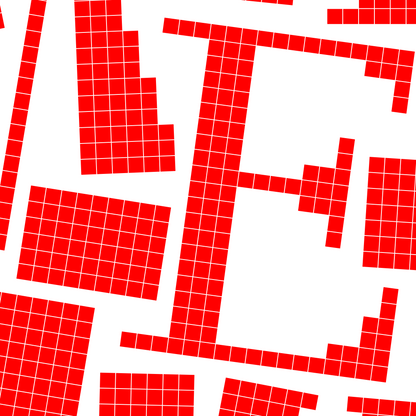 Close-up of a red pixel grid typography poster spelling LOVE on a white background, graphic and modern art design.