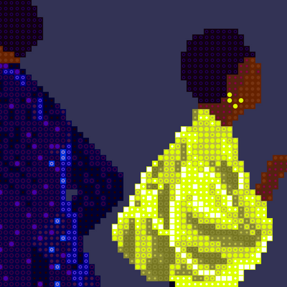 Close-up of a pixel art poster of a dancing couple, one in blue and the other in yellow, on a dark background, modern retro style.