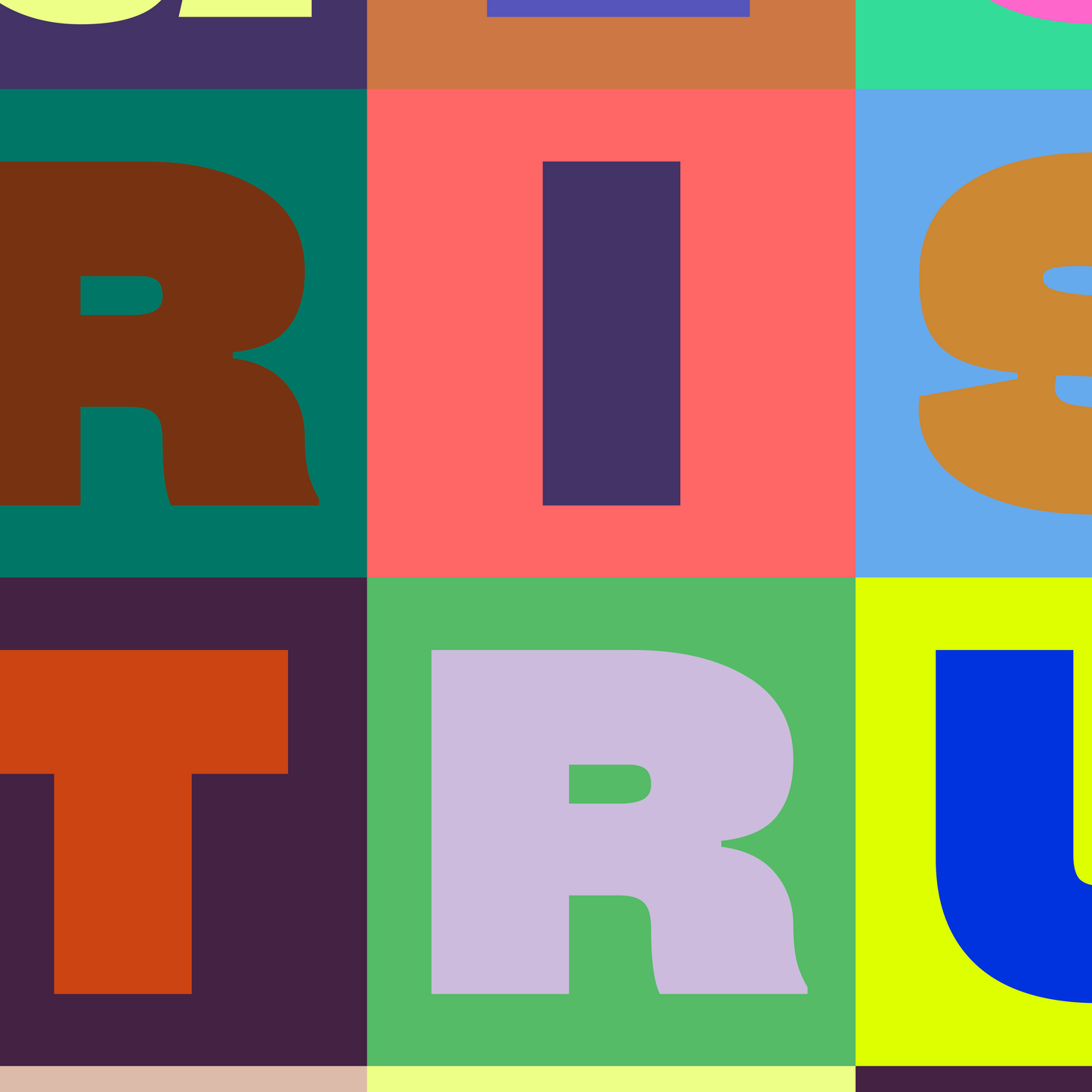 Close-up of a modern art print with bold geometric blocks and uplifting typography in pastel and vibrant colors arranged in a grid pattern.