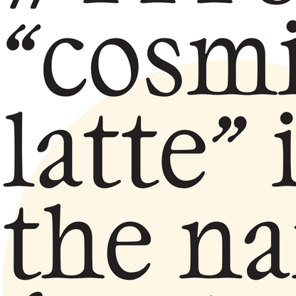 Close-up of a neutral minimalist poster with hex code #FFF8E7 and cosmic latte fact in black text, soft cream circle accent on white background for home decor.