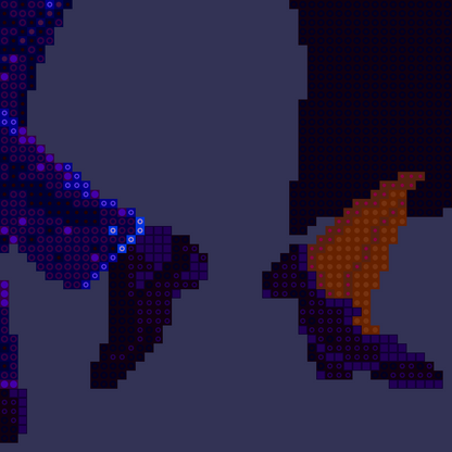 Close-up of a pixel art poster of a dancing couple, one in blue and the other in yellow, on a dark background, modern retro style.