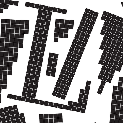 Close-up of a black pixel grid typography poster spelling LOVE on a white background, bold and modern design.