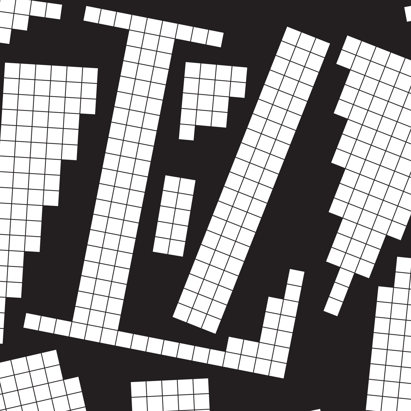 Close-up of a white pixel grid typography poster spelling LOVE on a black background, modern geometric design.