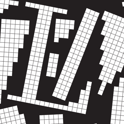 Close-up of a white pixel grid typography poster spelling LOVE on a black background, modern geometric design.