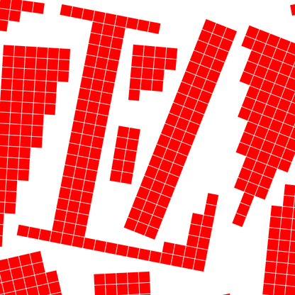 Close-up of a red pixel grid typography poster spelling LOVE on a white background, graphic and modern art design.