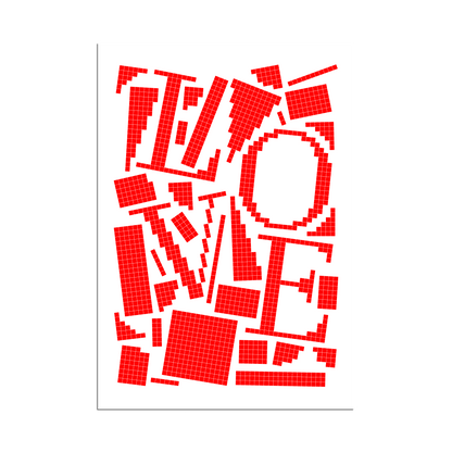 Red pixel grid typography poster spelling LOVE on a white background, graphic and modern art design.