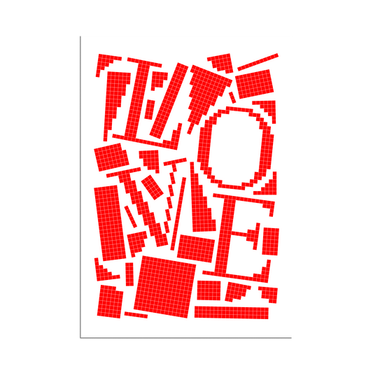 Red pixel grid typography poster spelling LOVE on a white background, graphic and modern art design.