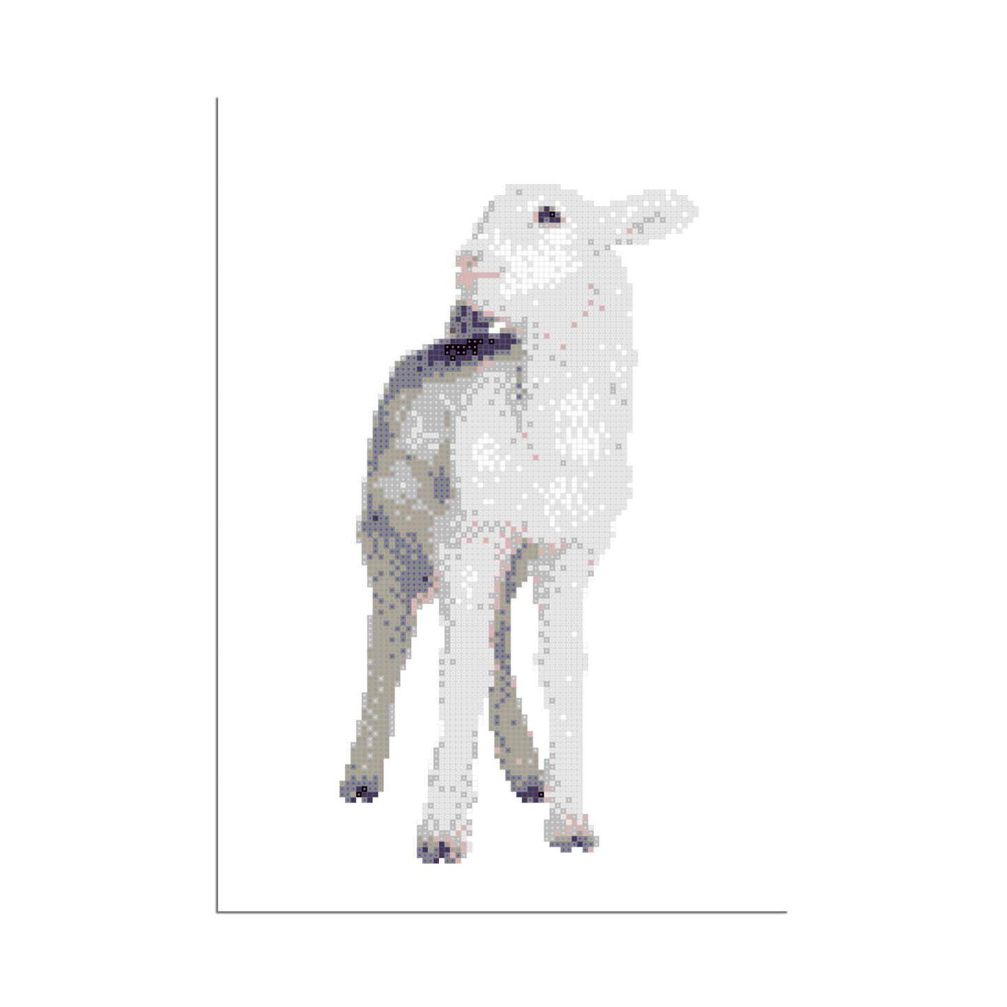 Minimalist pixel art poster of a standing lamb in soft pastel tones on a white background.