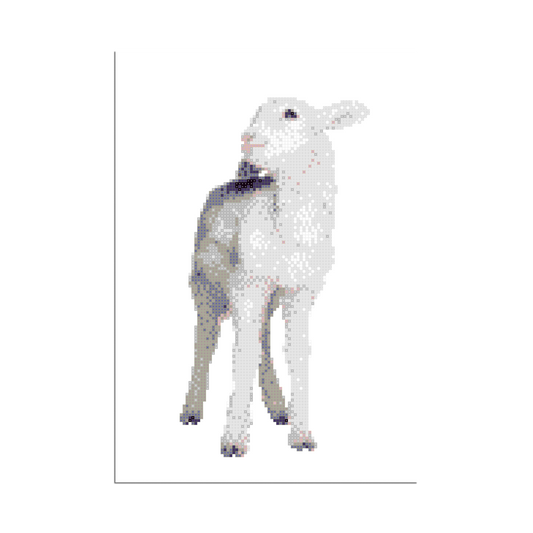 Minimalist pixel art poster of a standing lamb in soft pastel tones on a white background.