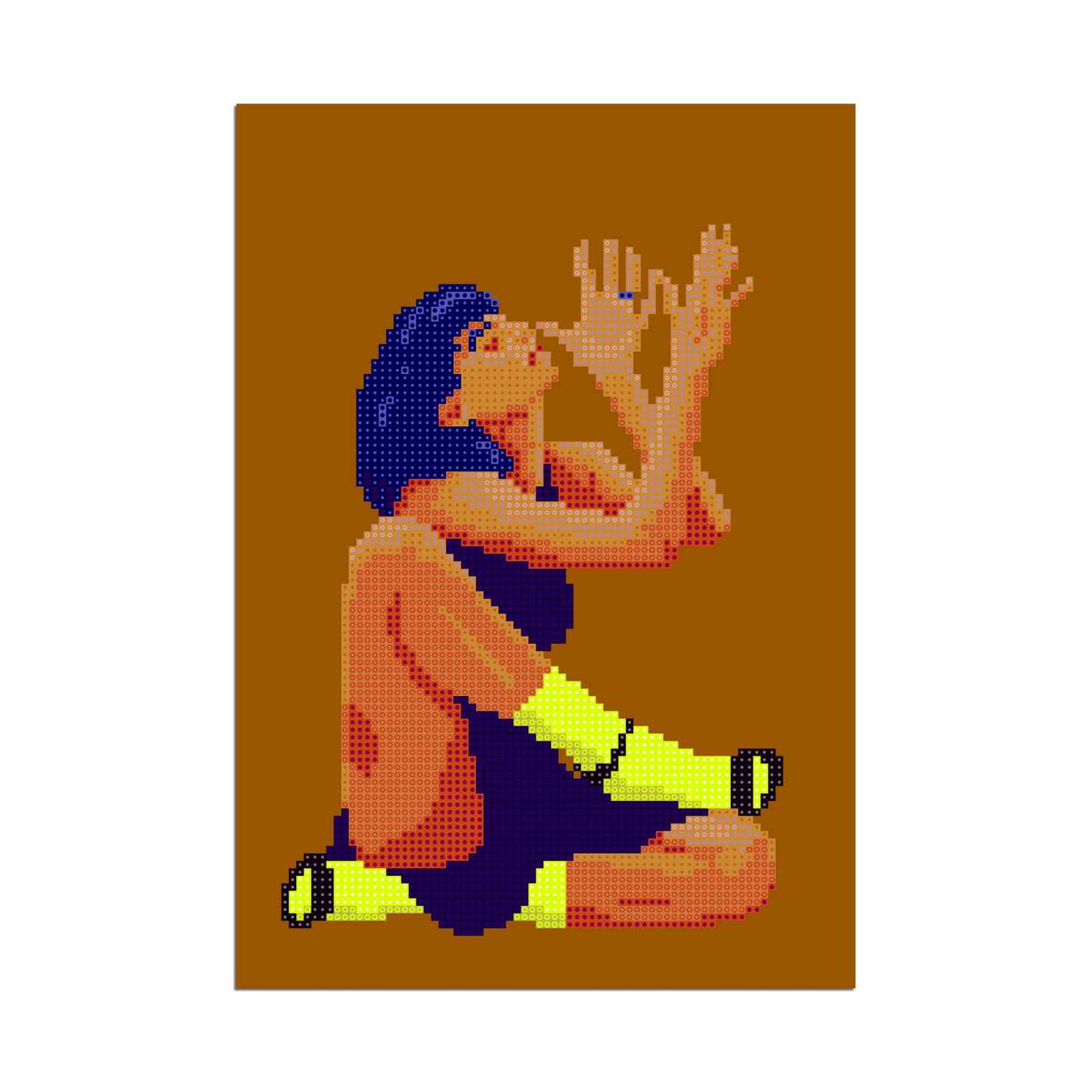 Pixel art poster of a seated woman with blue hair and neon yellow socks on a warm brown background.