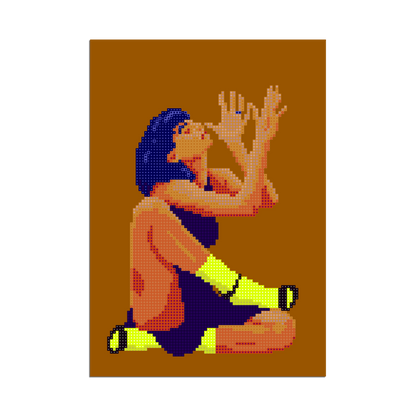 Pixel art poster of a seated woman with blue hair and neon yellow socks on a warm brown background.