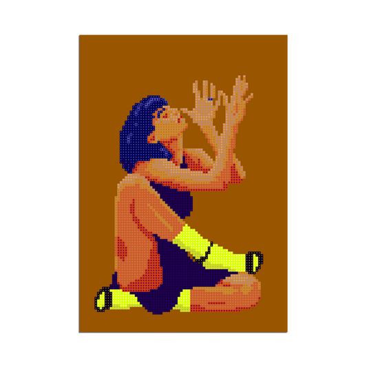 Pixel art poster of a seated woman with blue hair and neon yellow socks on a warm brown background.