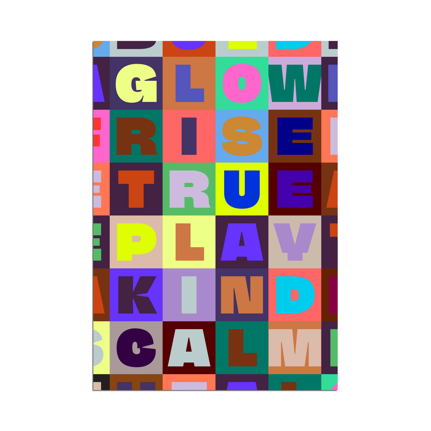 Modern art print with bold geometric blocks and uplifting typography in pastel and vibrant colors arranged in a grid pattern.