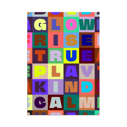 Modern art print with bold geometric blocks and uplifting typography in pastel and vibrant colors arranged in a grid pattern.